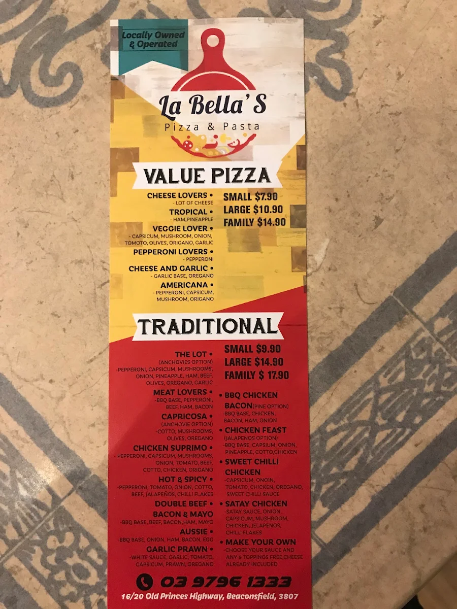 Menu, La Bella Pizza Beaconsfield