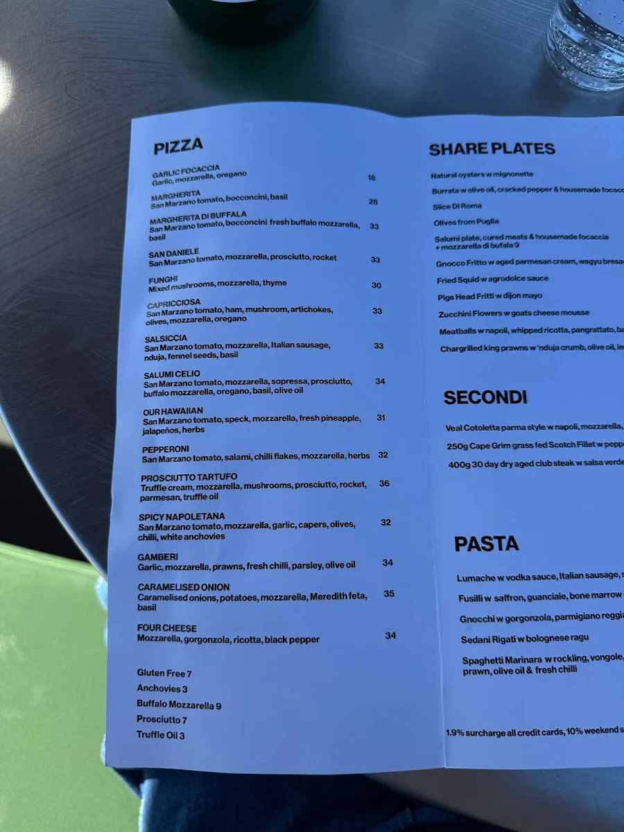 Menu, Pizzeria Da Bruno