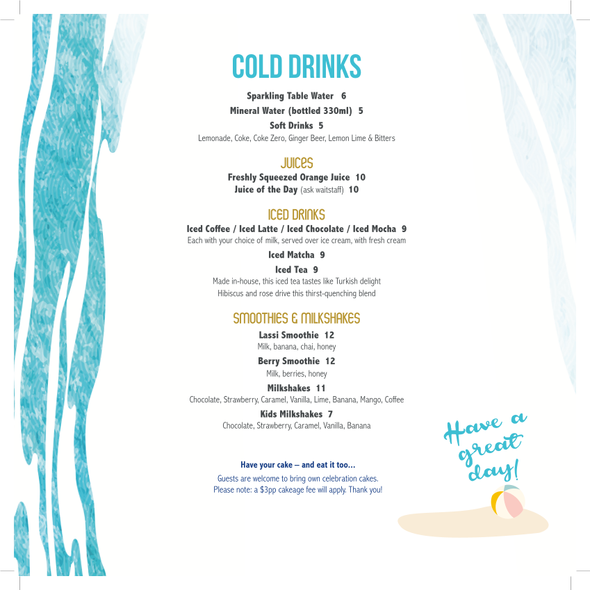 Menu, Sea Vista Cafe