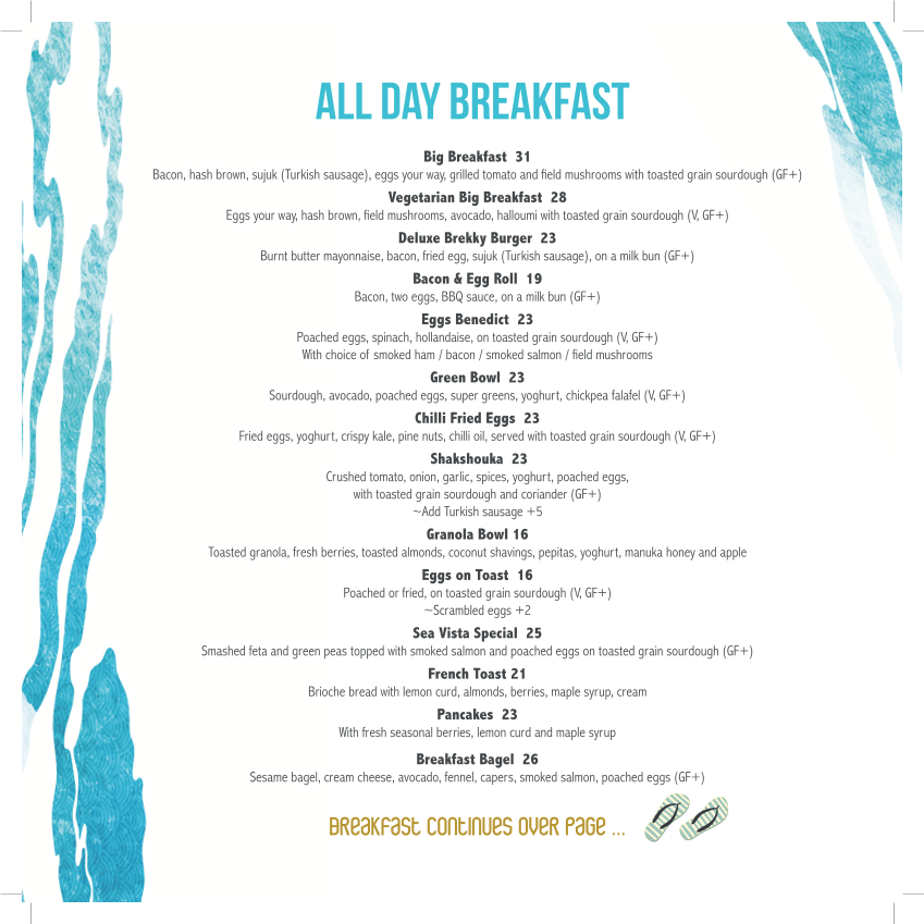 Menu, Sea Vista Cafe