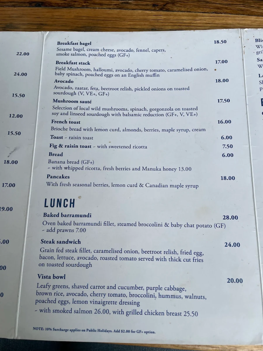 Menu, Sea Vista Cafe