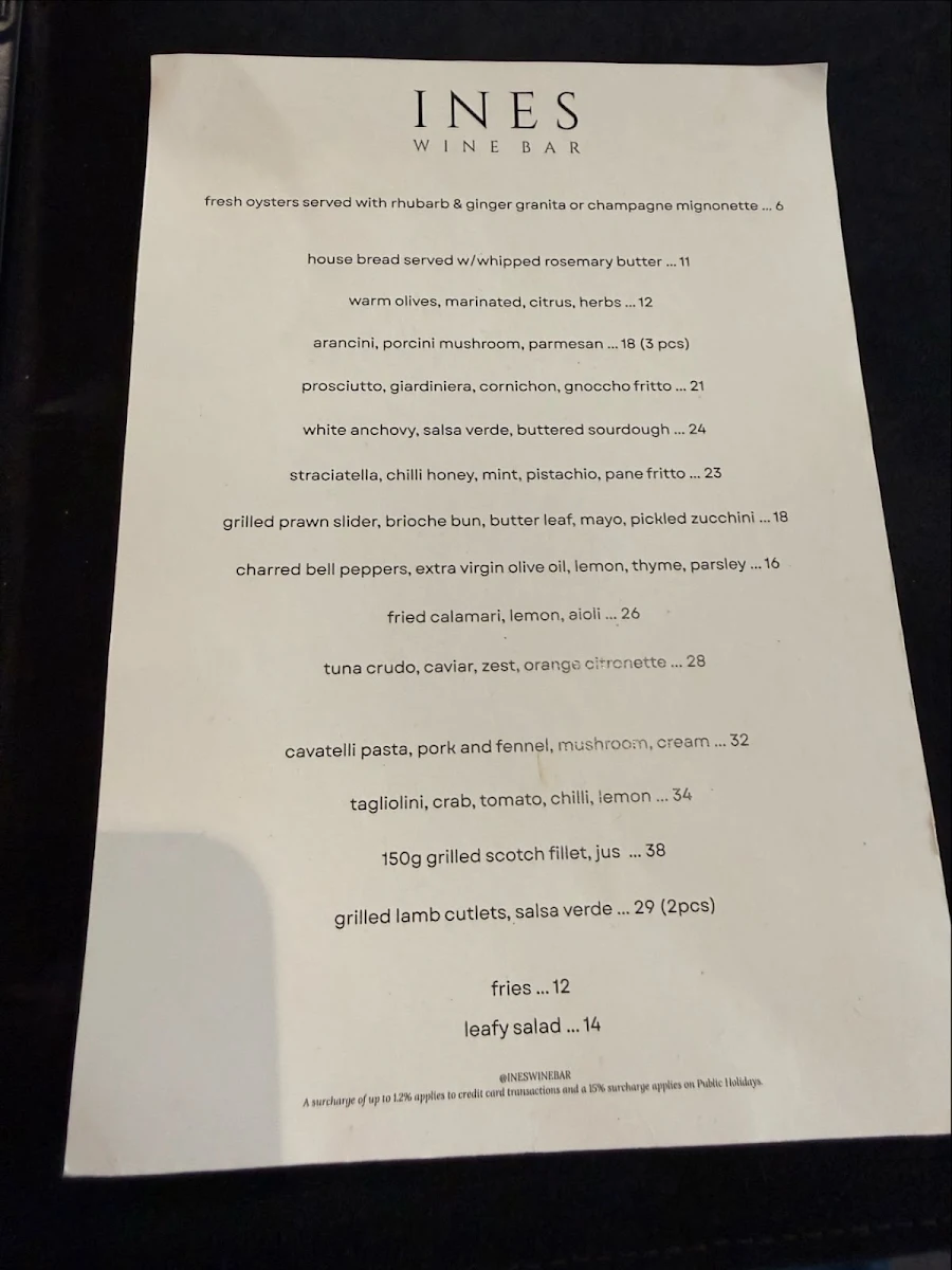Menu, Ines Wine Bar