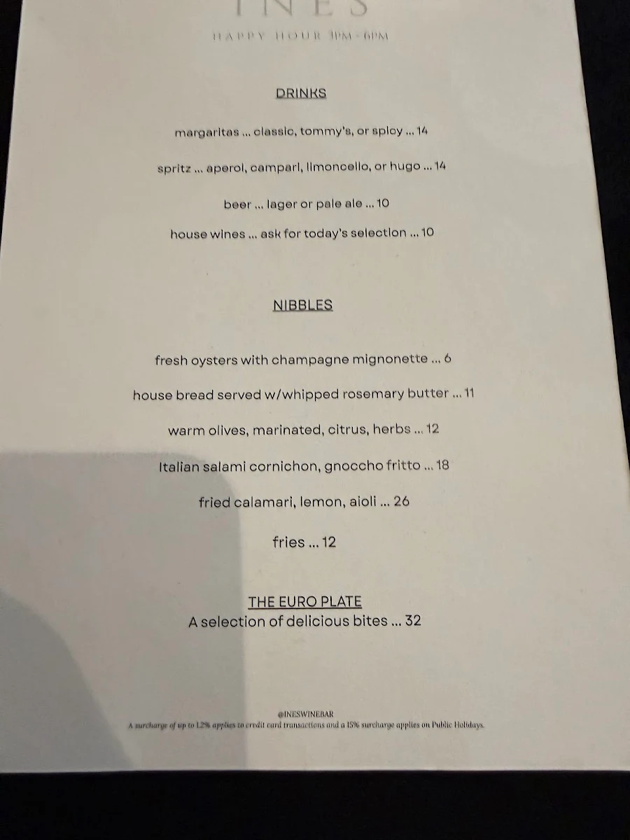 Menu, Ines Wine Bar