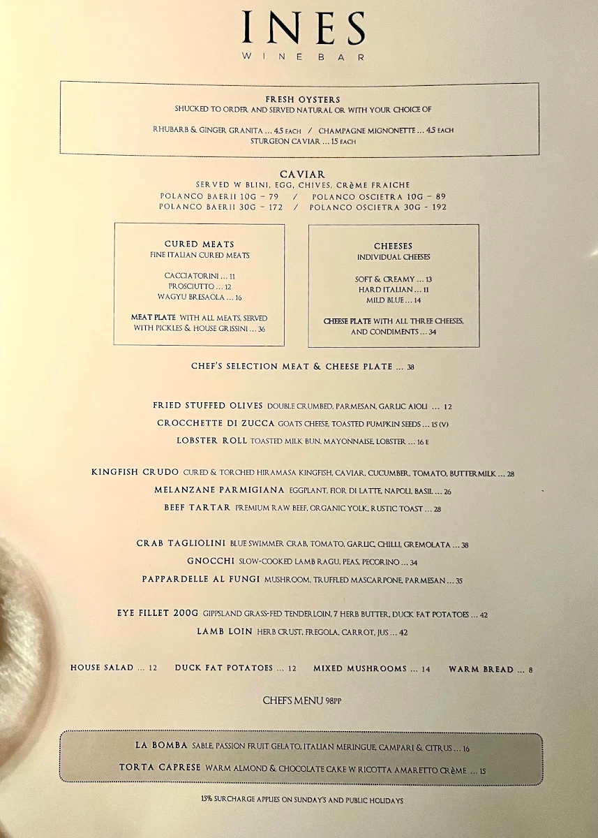 Menu, Ines Wine Bar