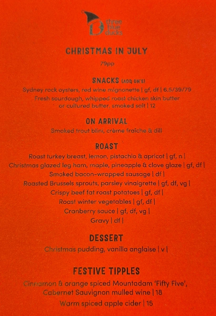 Menu, Three Blue Ducks, Rosebery