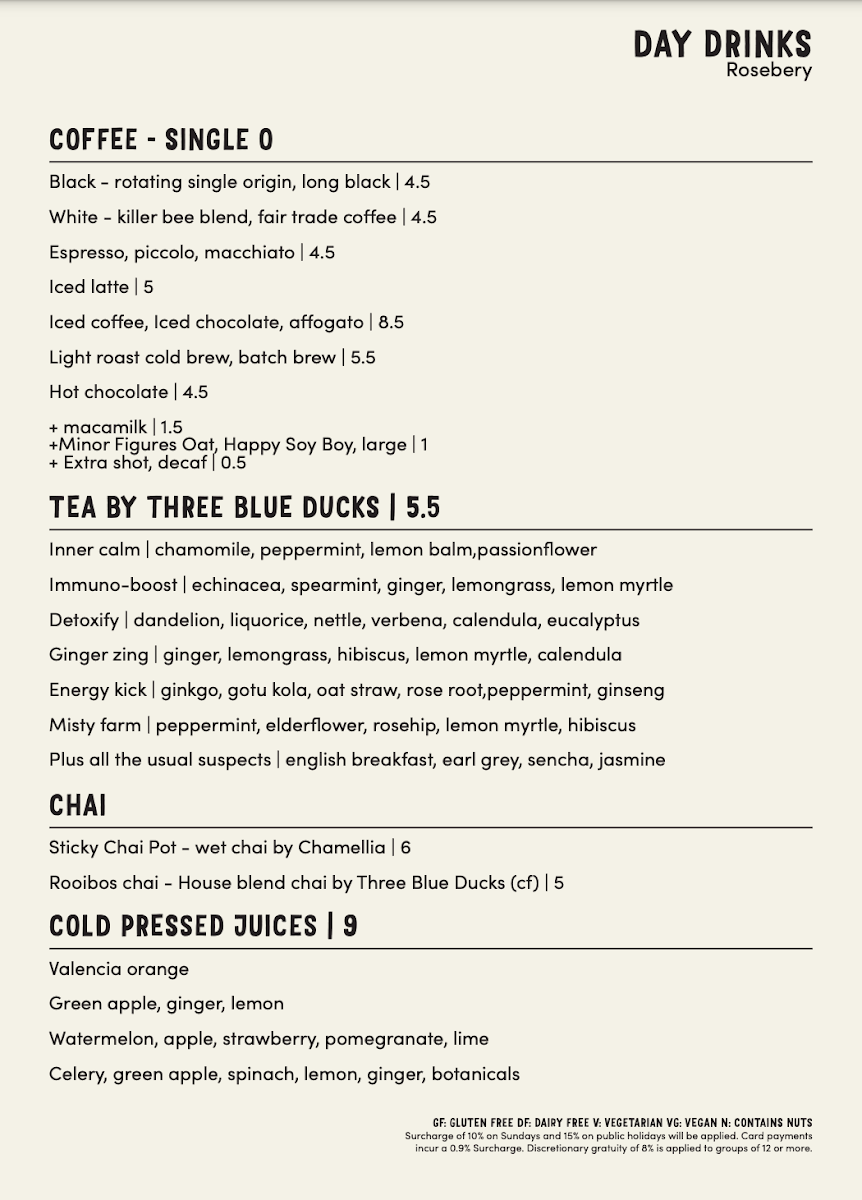 Menu, Three Blue Ducks, Rosebery