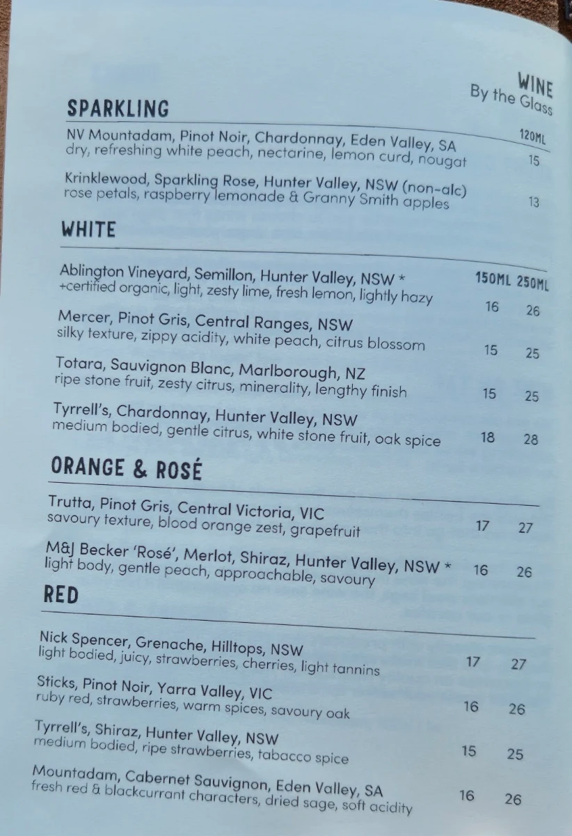 Menu, Three Blue Ducks, Rosebery