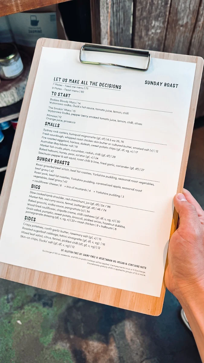 Menu, Three Blue Ducks, Rosebery