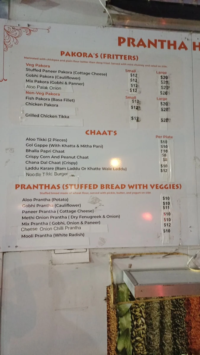 Menu, Prantha Hut