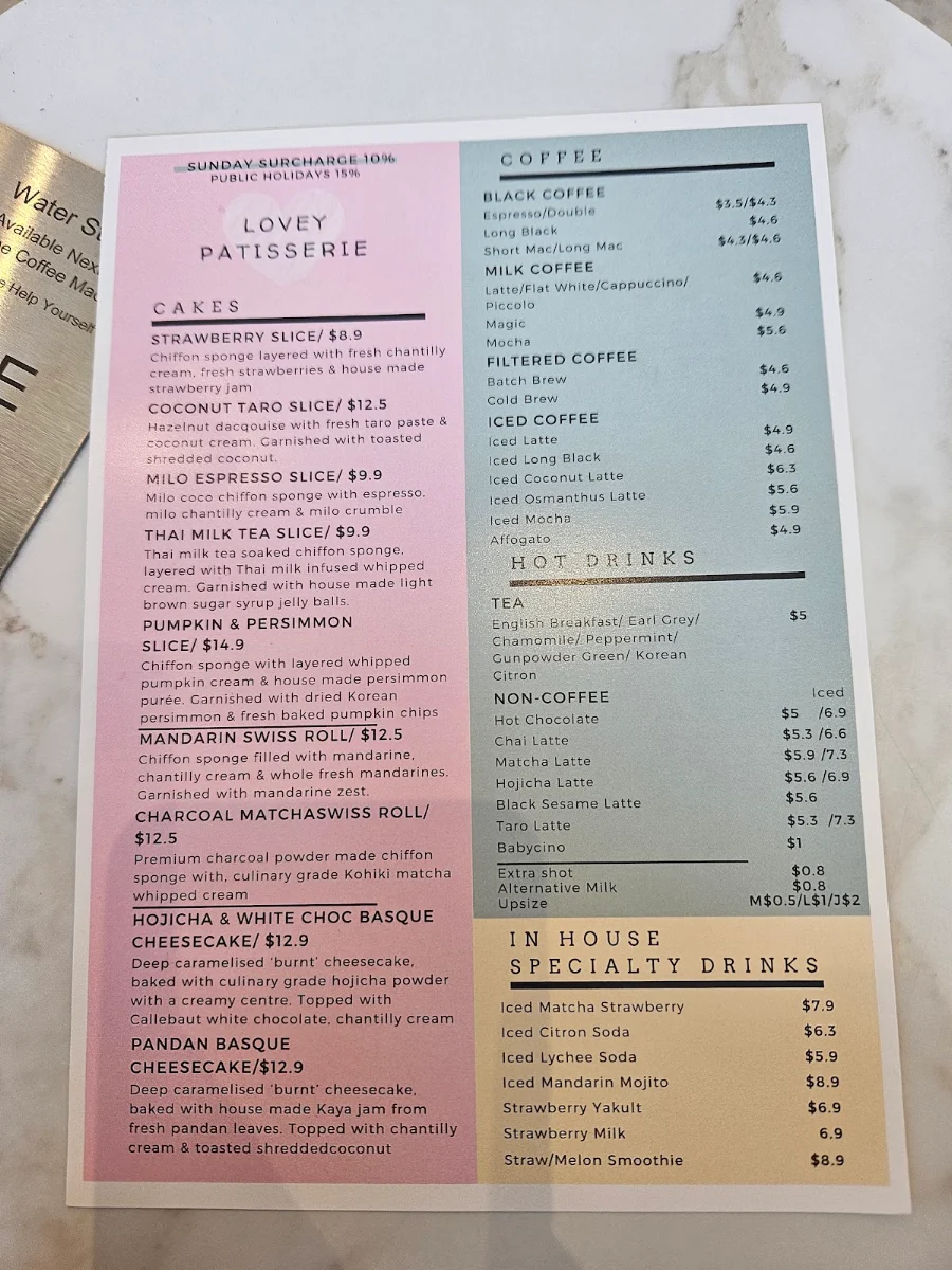 Menu, Lovey Patisserie Cafe