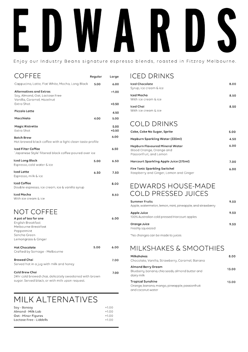 Menu, Edwards Providore
