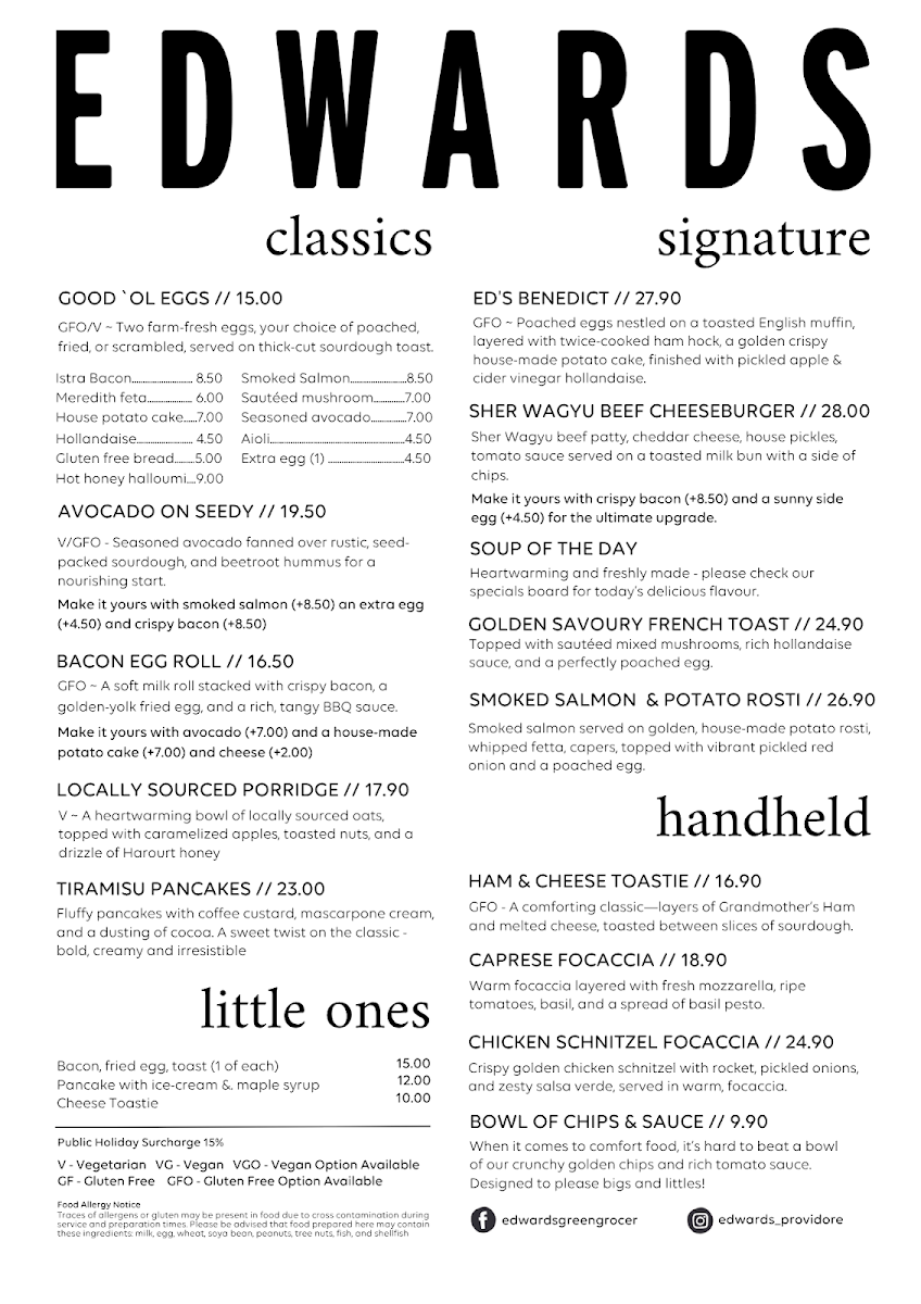 Menu, Edwards Providore