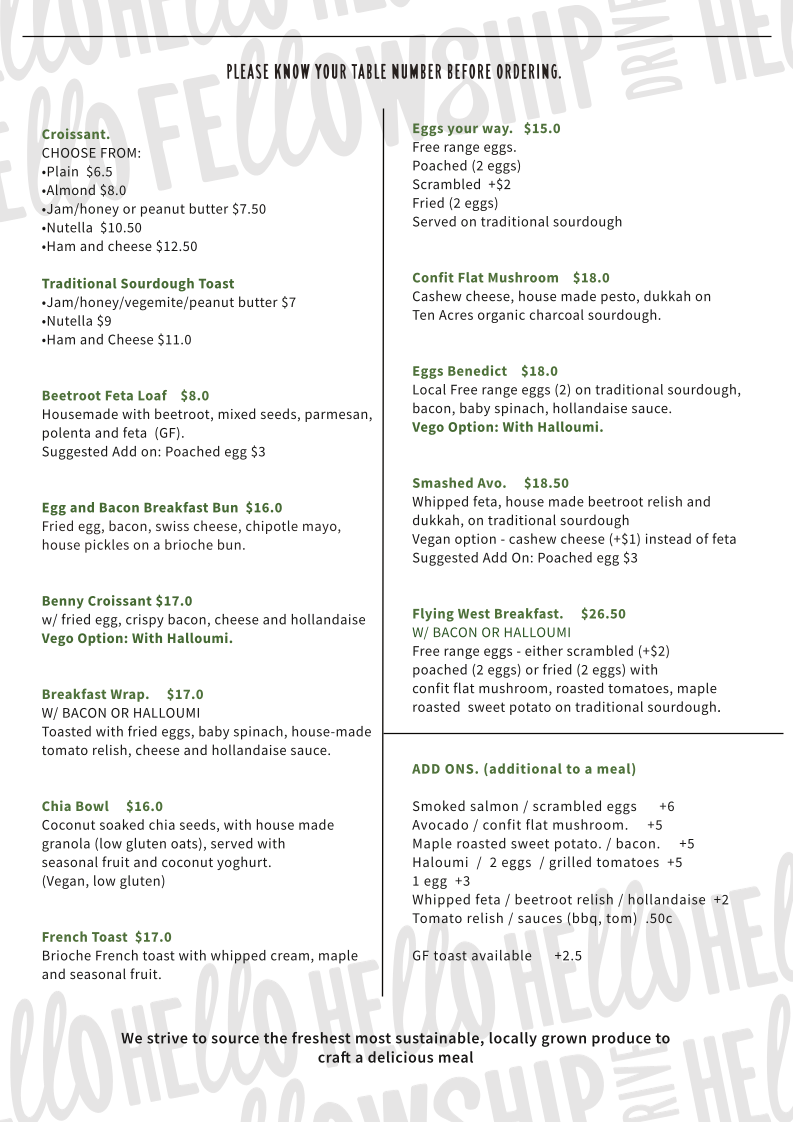 Menu, Fellowship Drive Cafe - Flying West Coffee.