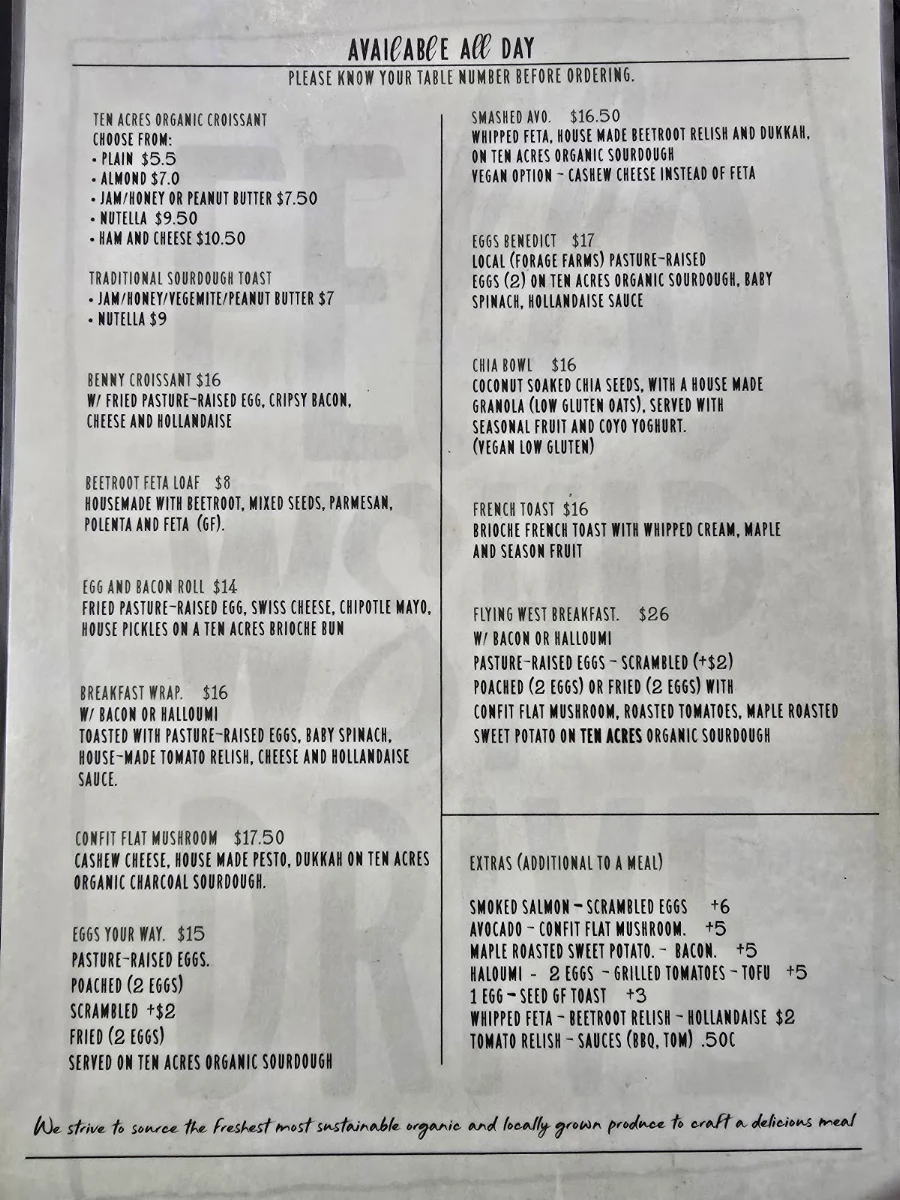 Menu, Fellowship Drive Cafe - Flying West Coffee.