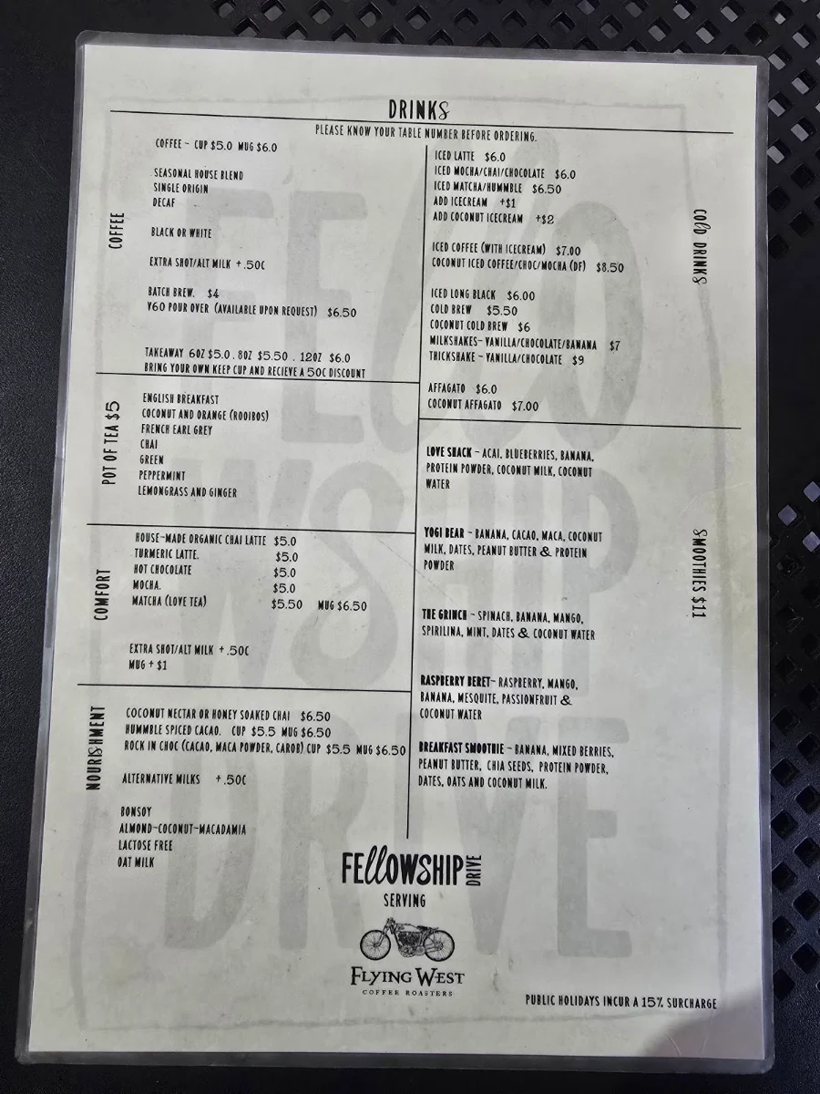 Menu, Fellowship Drive Cafe - Flying West Coffee.