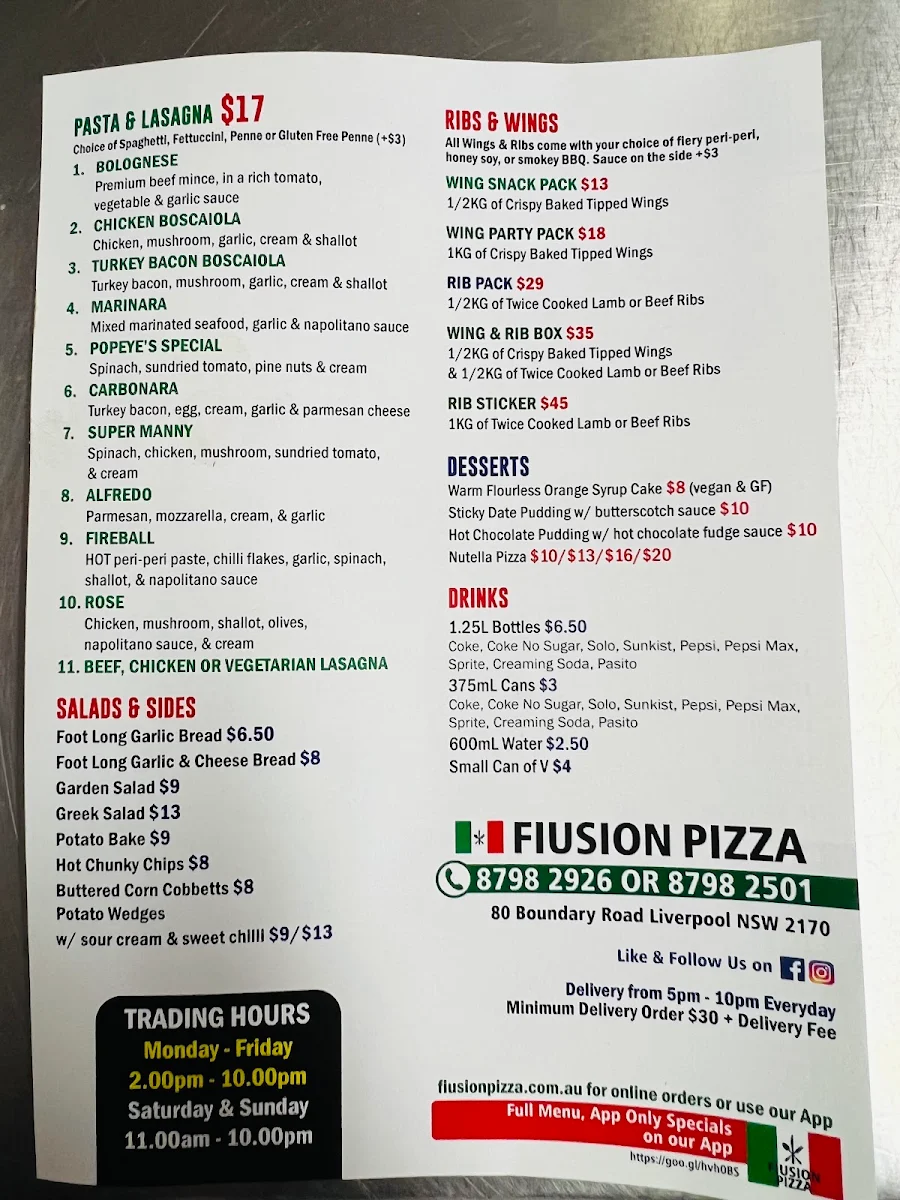 Menu, Fiusion Pizza & More Liverpool