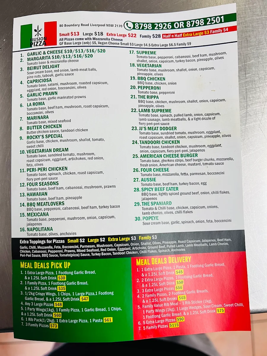 Menu, Fiusion Pizza & More Liverpool