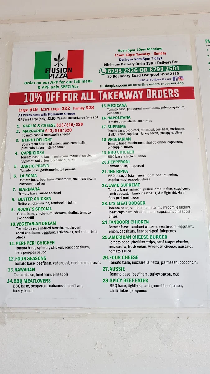 Menu, Fiusion Pizza & More Liverpool