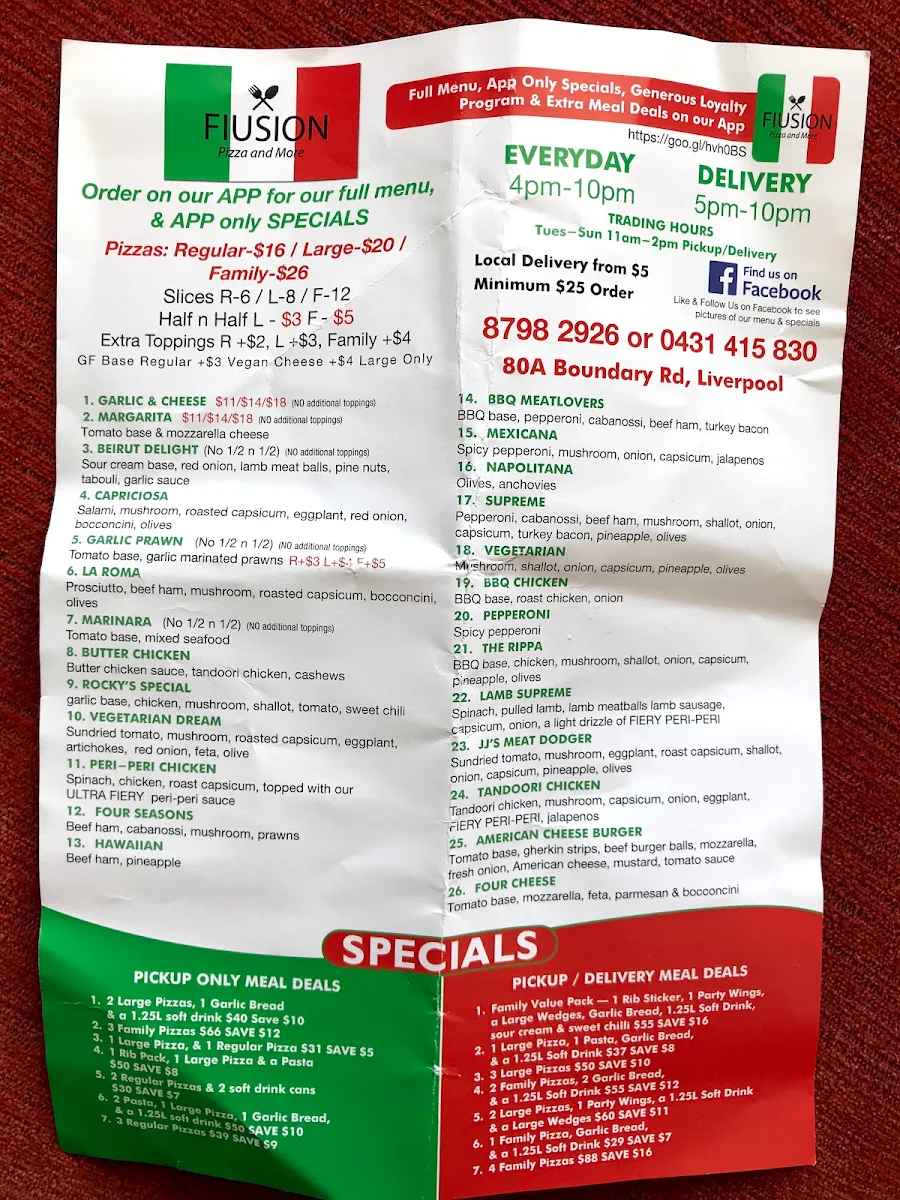 Menu, Fiusion Pizza & More Liverpool