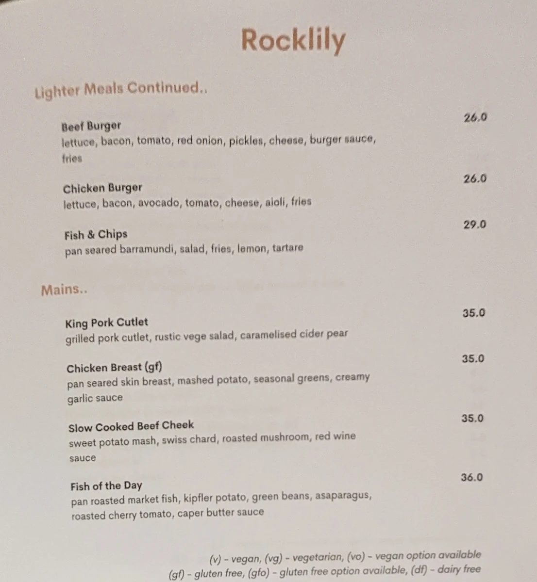 Menu, Rocklily Bar & Grill Restaurant