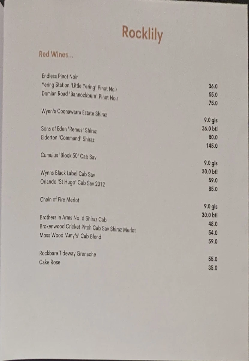 Menu, Rocklily Bar & Grill Restaurant