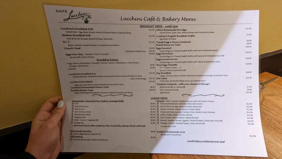 Menu, Lucchini Cakes & Cafe