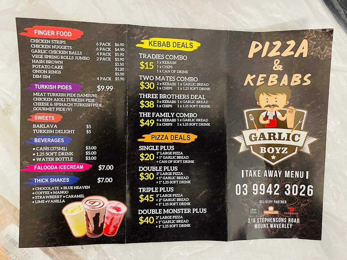 Menu, Garlicboyz Pizza & Kebab - Mount Waverley