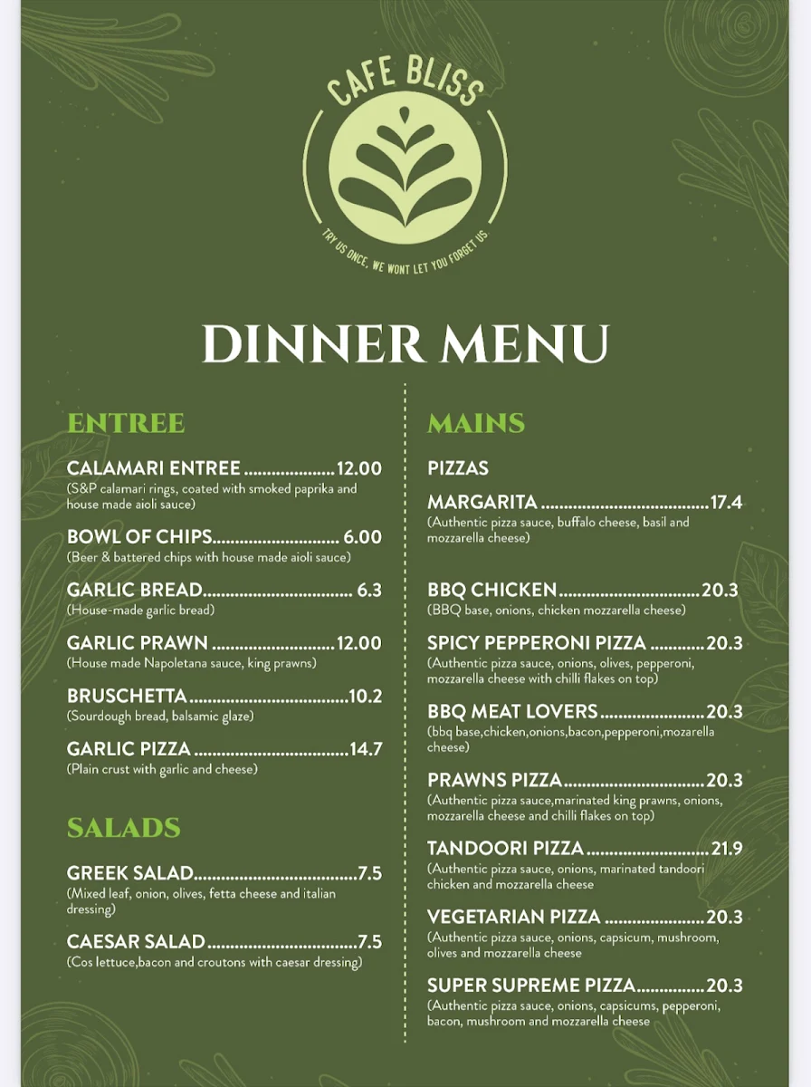 Menu, CAFE BLISS