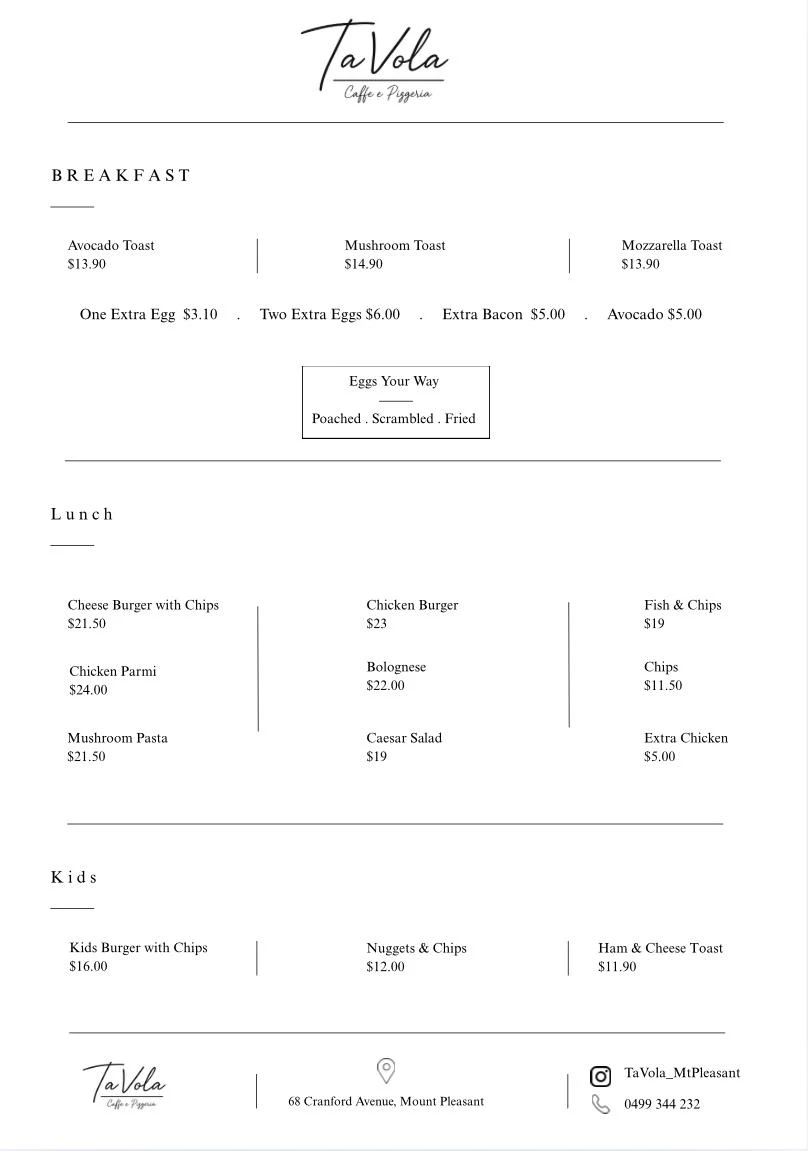 Menu, TAVOLA
