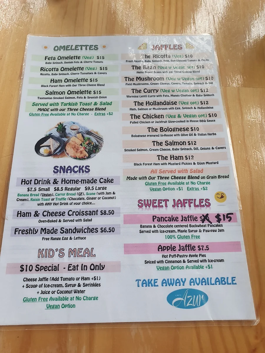 Menu, Cafe Azur