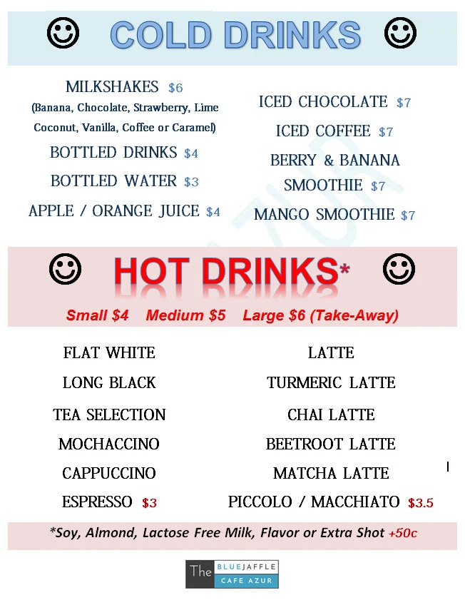 Menu, Cafe Azur