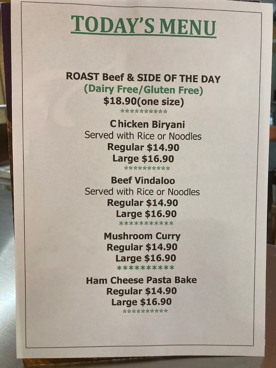 Menu, Zouki Westmead