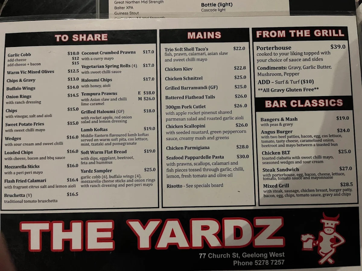 Menu, The Yardz