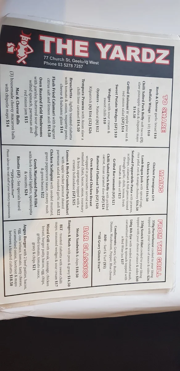 Menu, The Yardz