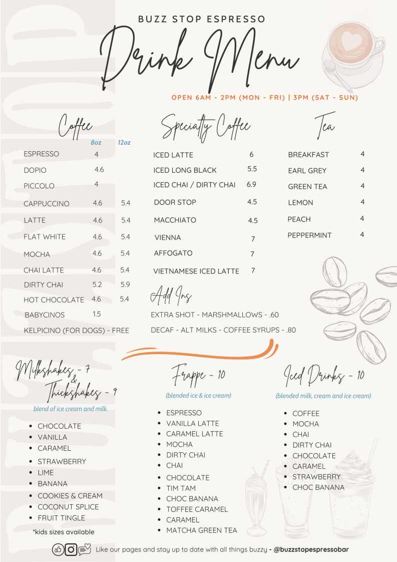 Menu, Buzz Stop Espresso Bar
