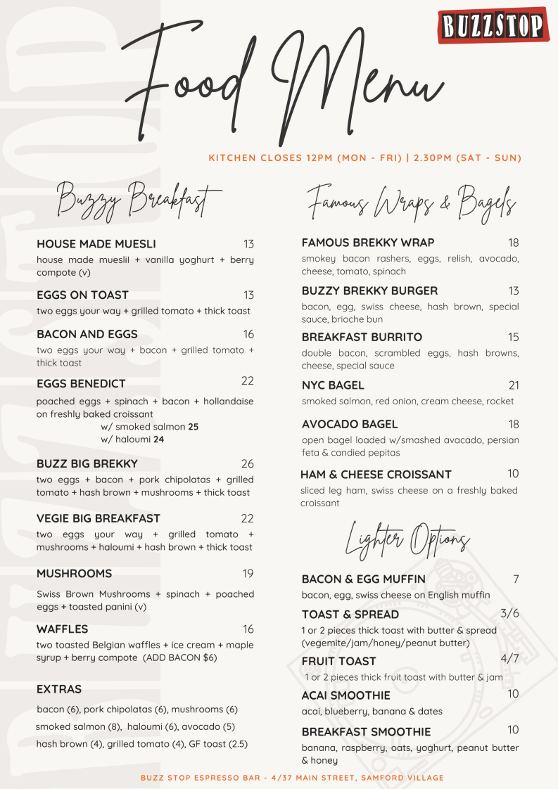 Menu, Buzz Stop Espresso Bar