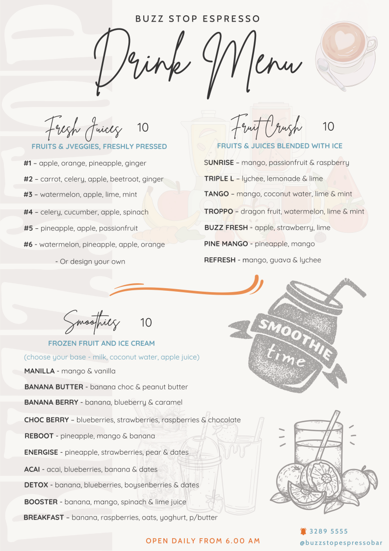 Menu, Buzz Stop Espresso Bar
