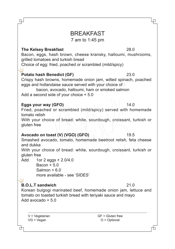 Menu, The Kelsey Cafe