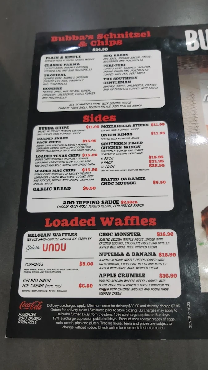 Menu, Bubba Pizza