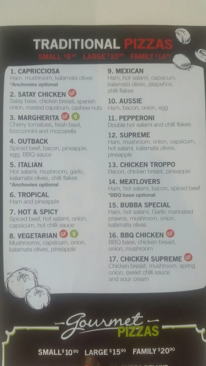 Menu, Bubba Pizza