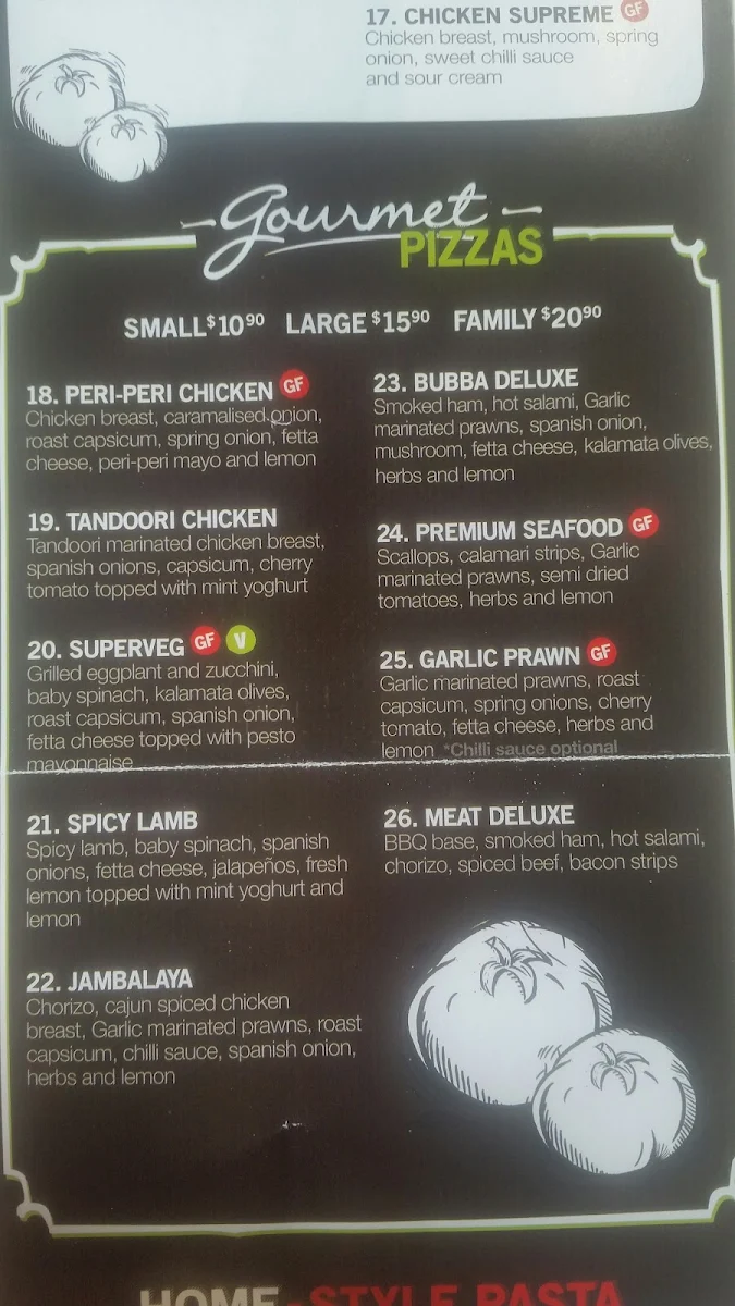Menu, Bubba Pizza