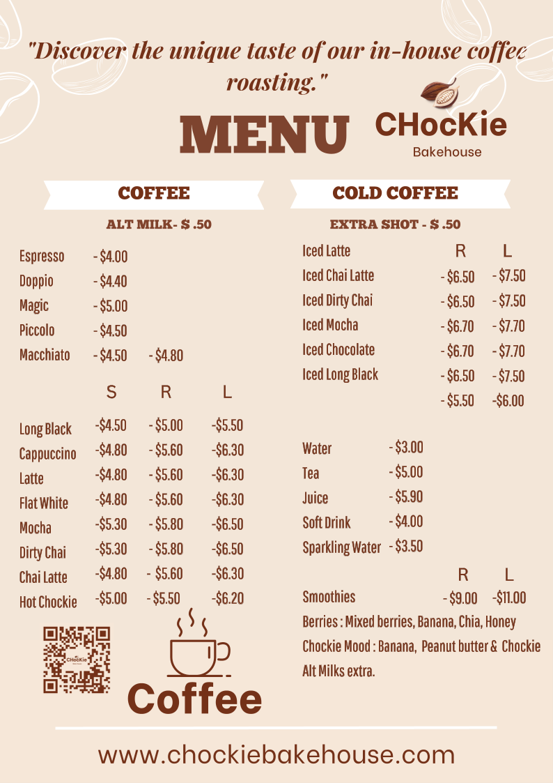Menu, Chockie Bakehouse
