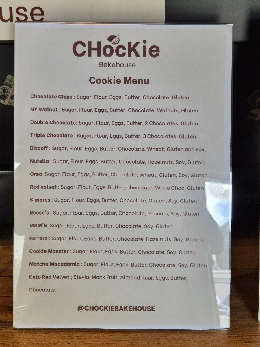 Menu, Chockie Bakehouse