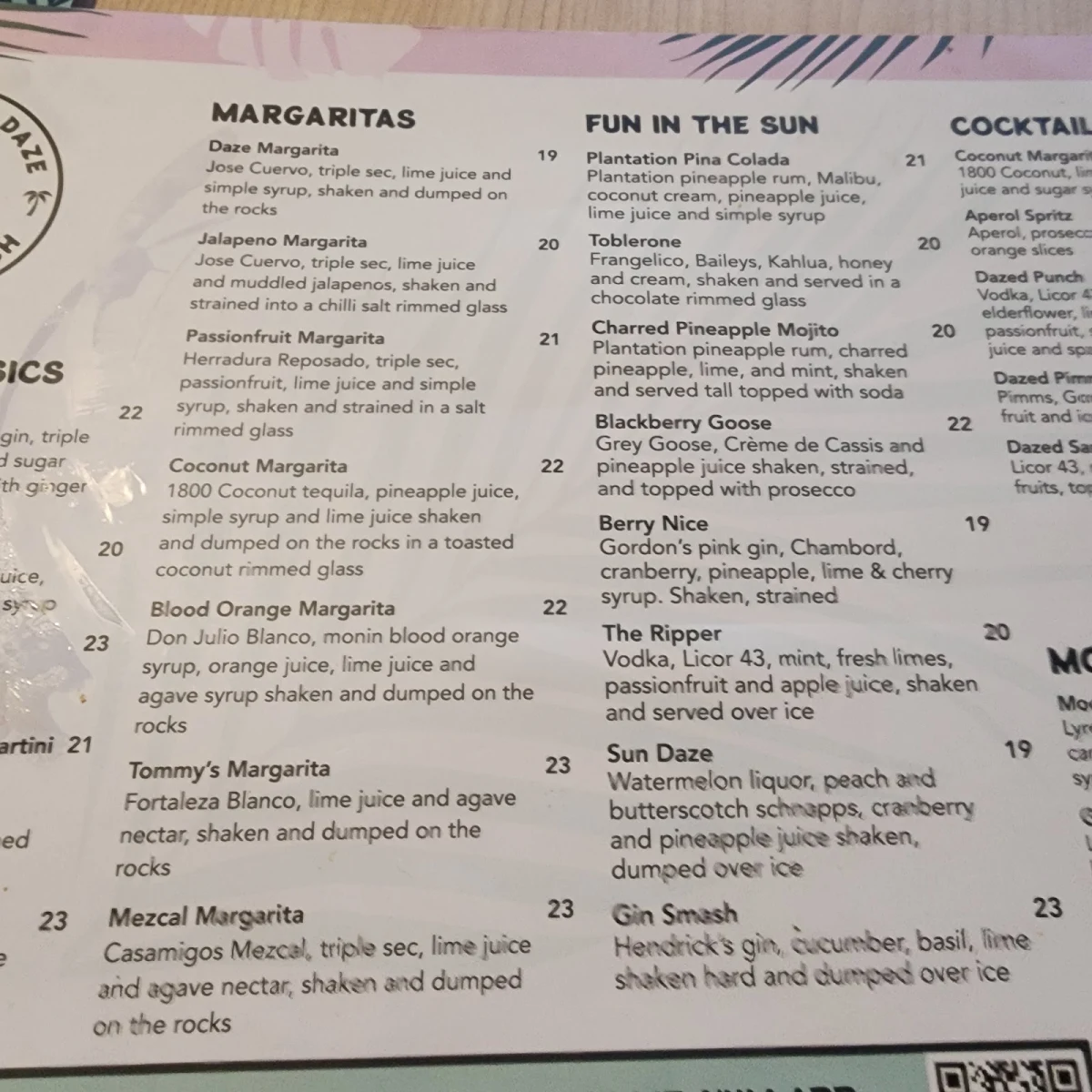 Menu, Margarita Daze