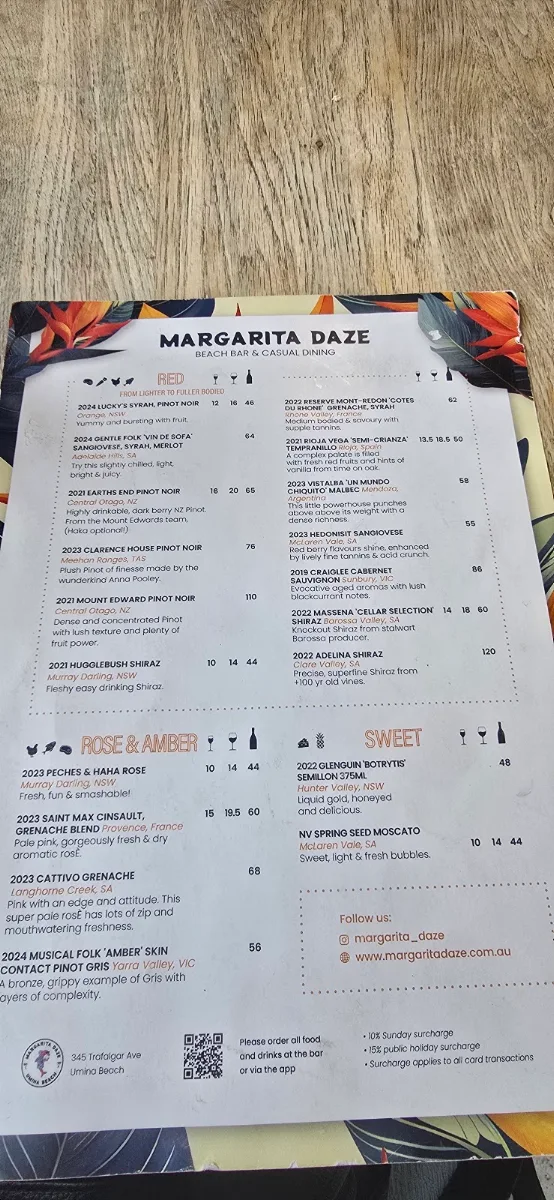 Menu, Margarita Daze
