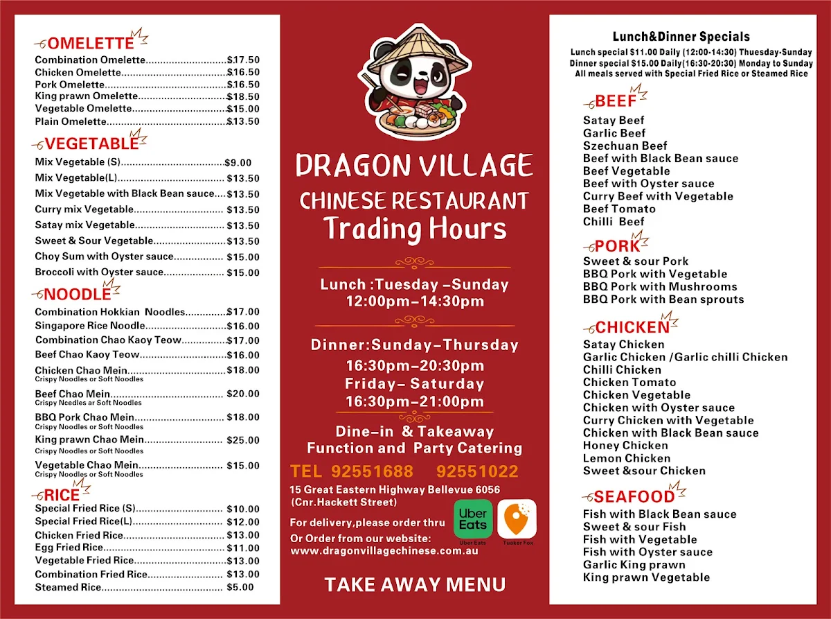 Menu, Dragon Village Chinese Restaurant