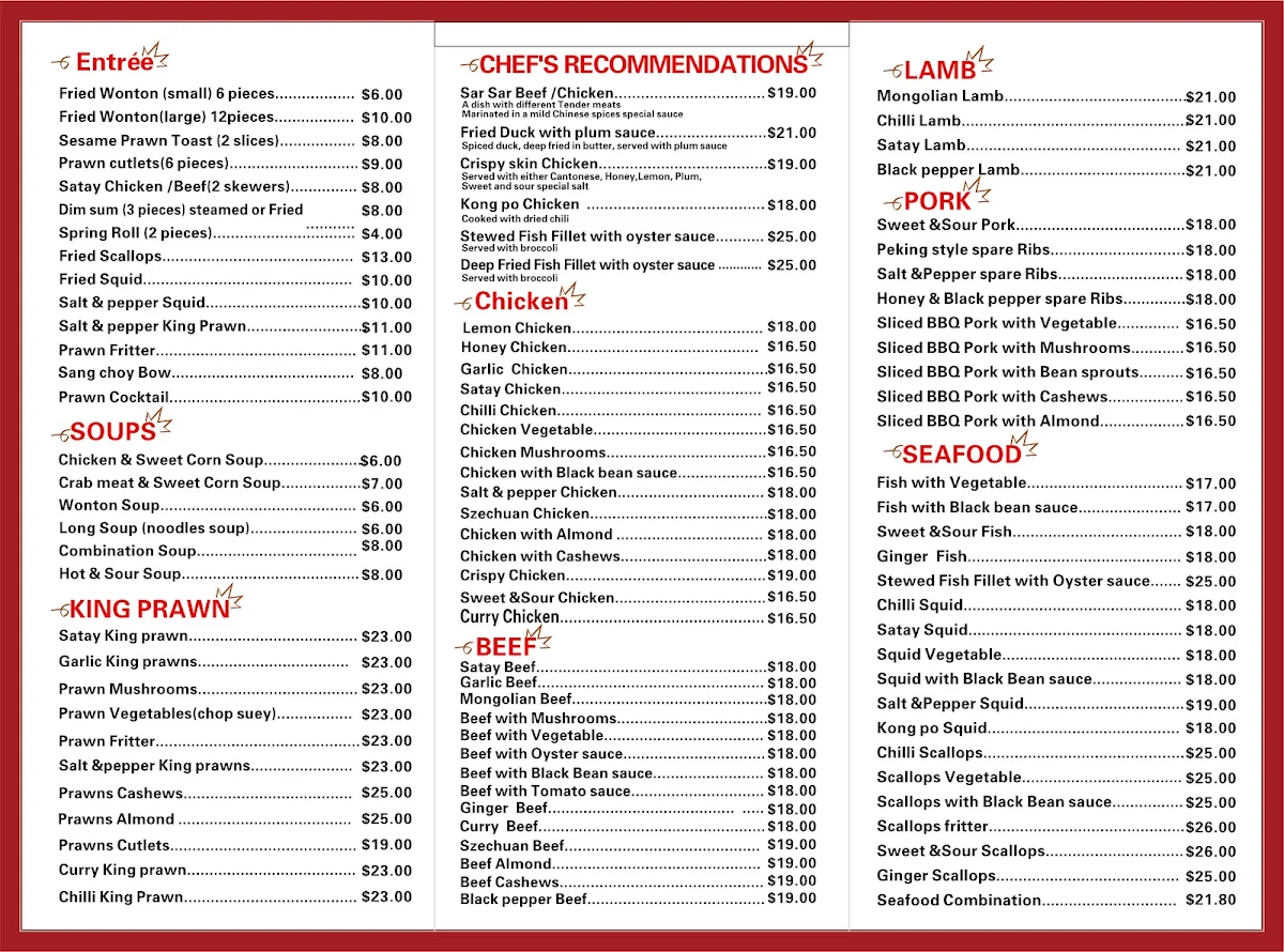 Menu, Dragon Village Chinese Restaurant