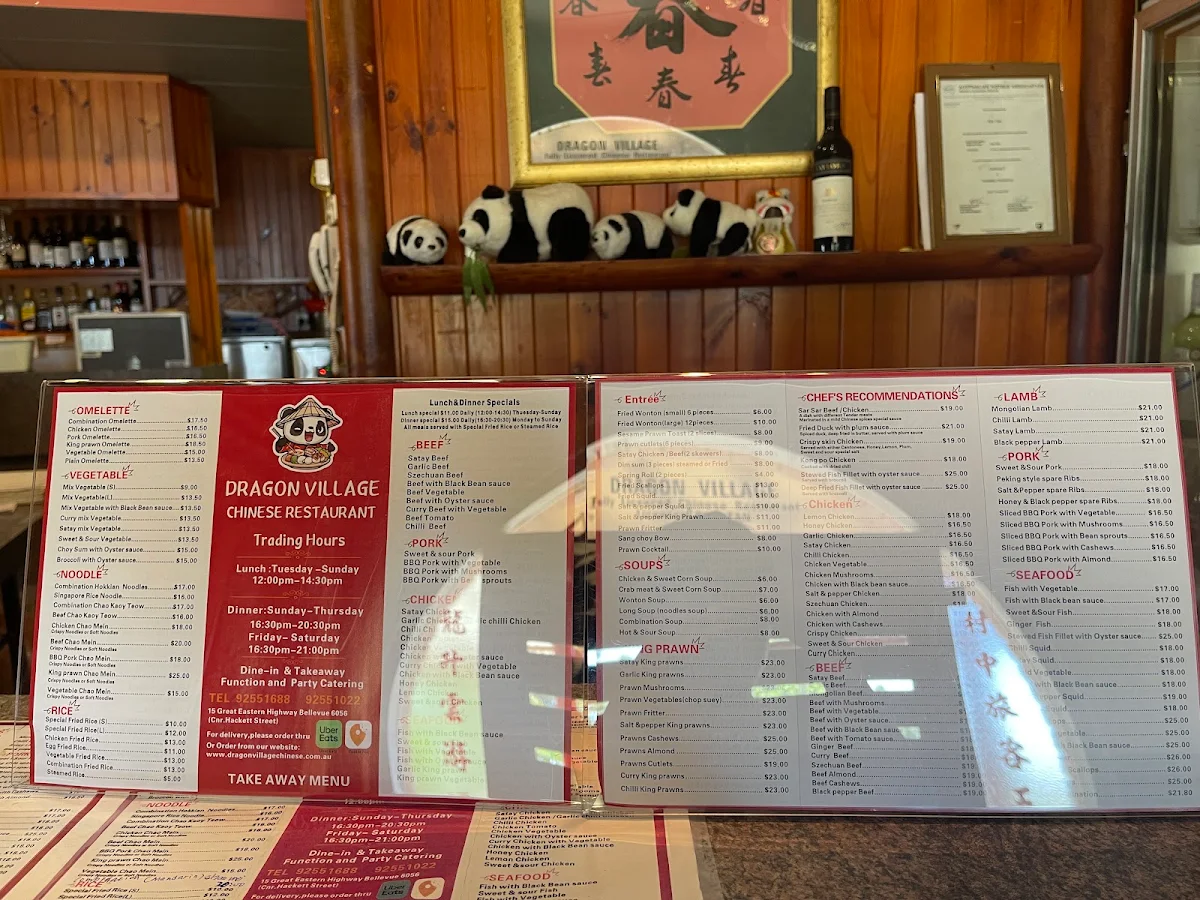 Menu, Dragon Village Chinese Restaurant