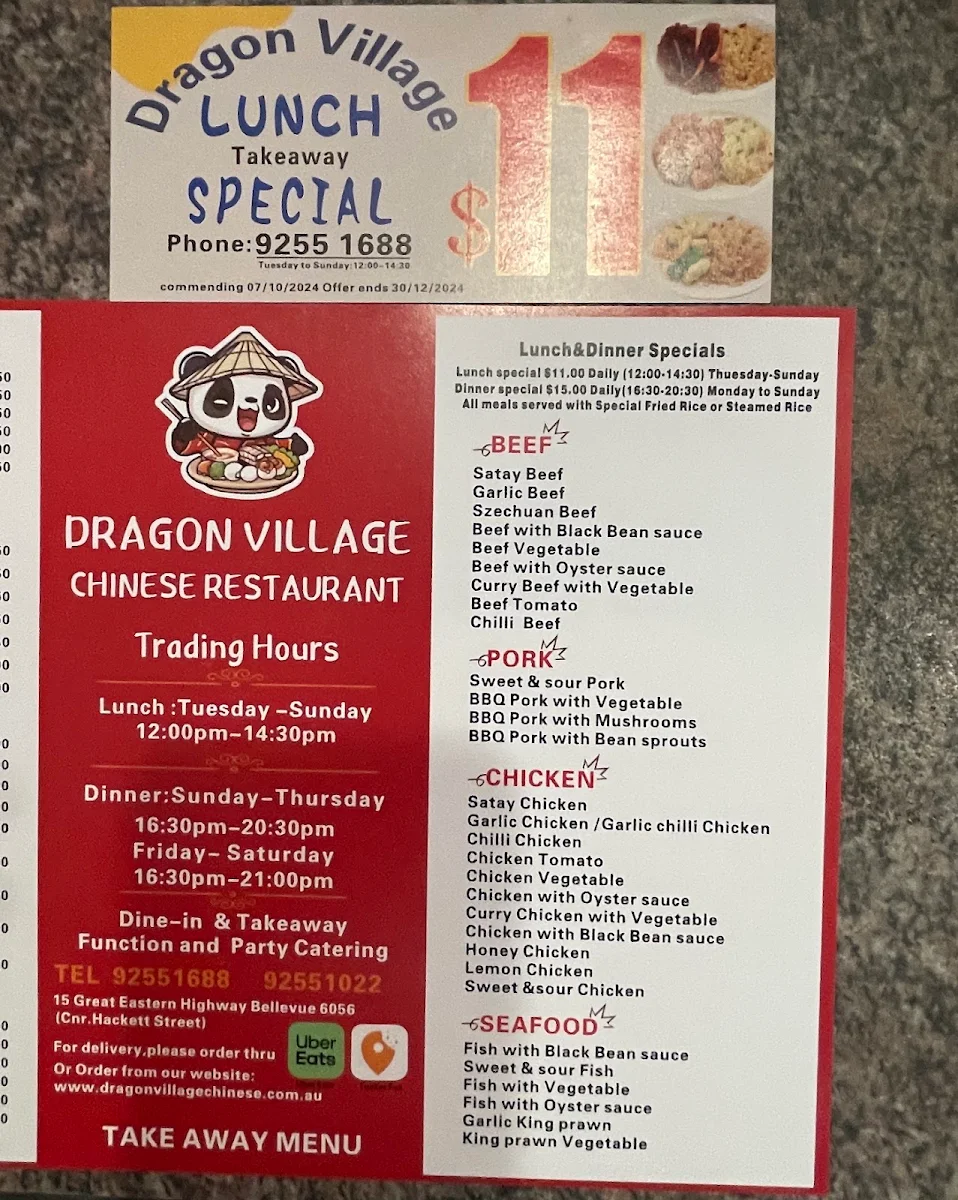 Menu, Dragon Village Chinese Restaurant
