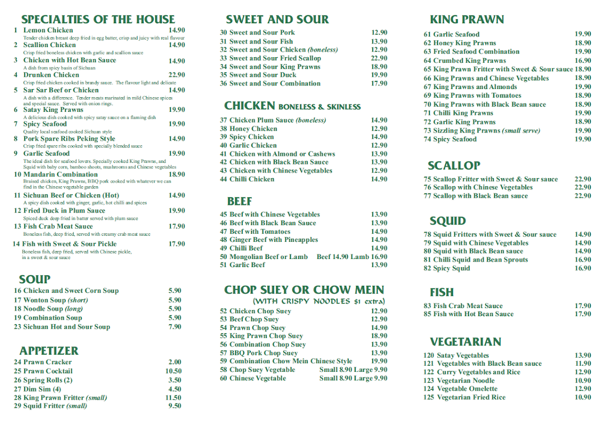 Menu, Dragon Village Chinese Restaurant
